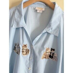 Vintage Tia Button Down Shirt Stripe Blue Top Cat Applique Embroidered‎ 2X Kitty